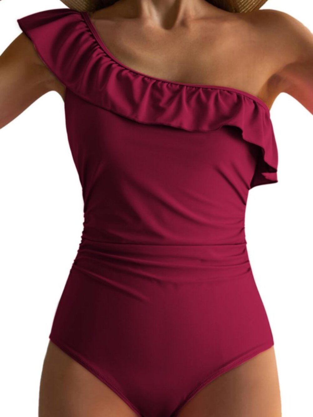 Dokotoo One Shoulder Ruffle Swimsuit Burgundy XX-Large